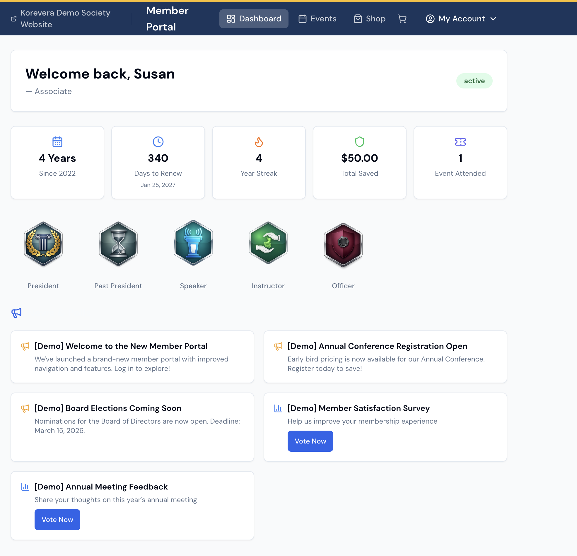 Korevera member portal showing achievement badges for Past President, Speaker, and Instructor, plus membership milestones and engagement features