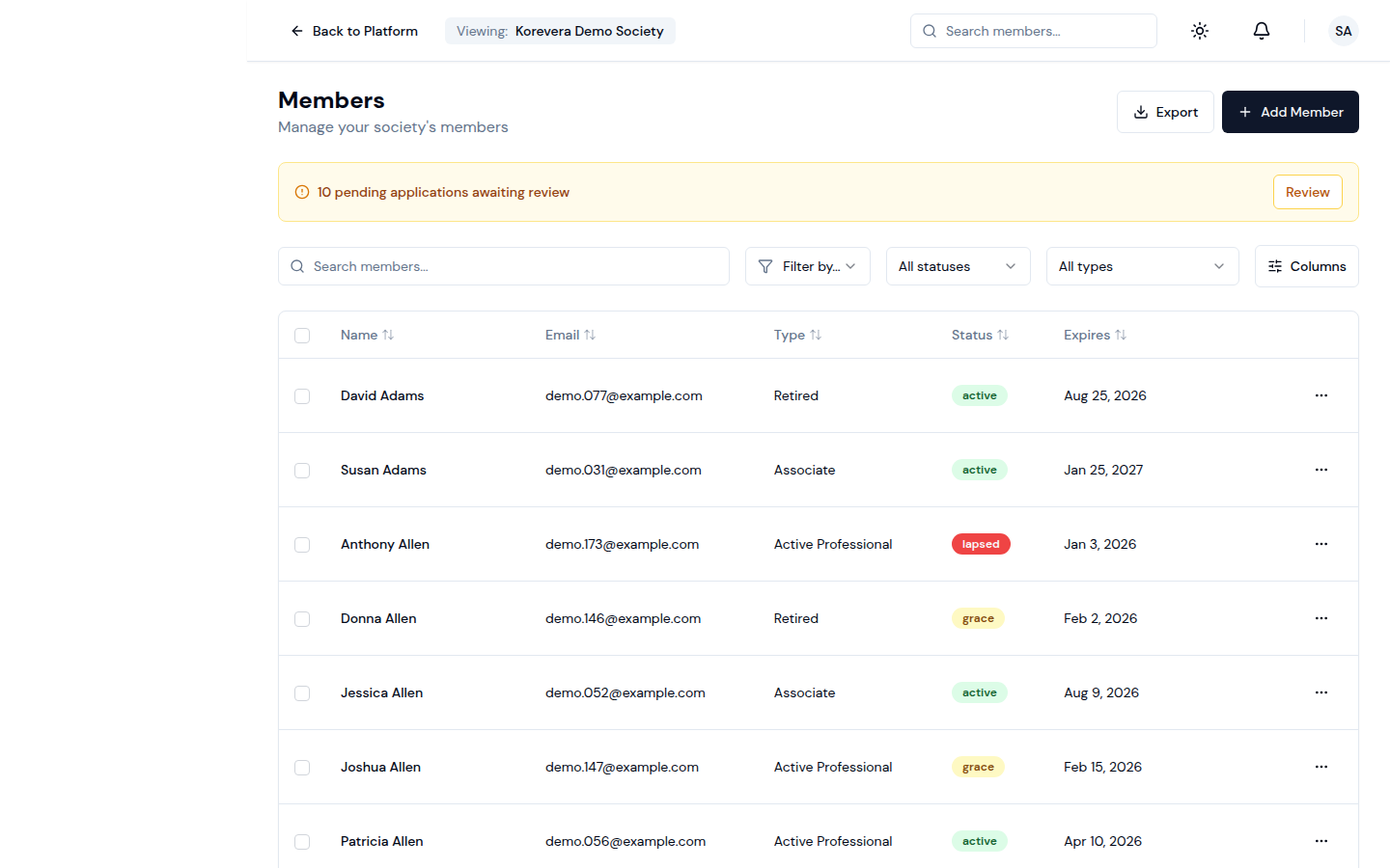 Admin — members list with filters and columns