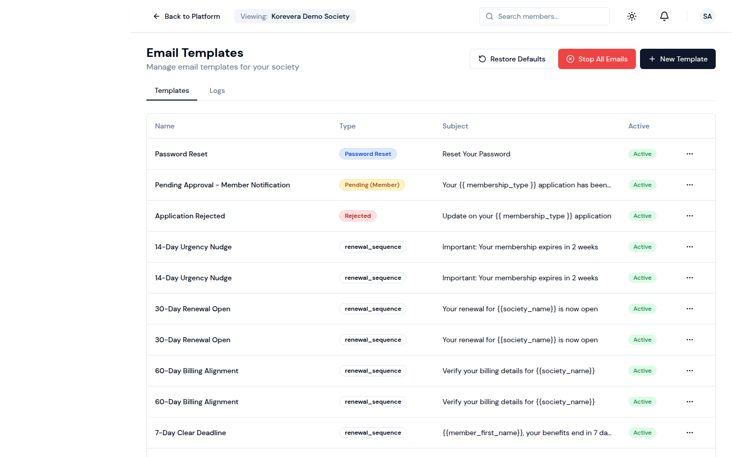 Emails — templates and renewal sequences